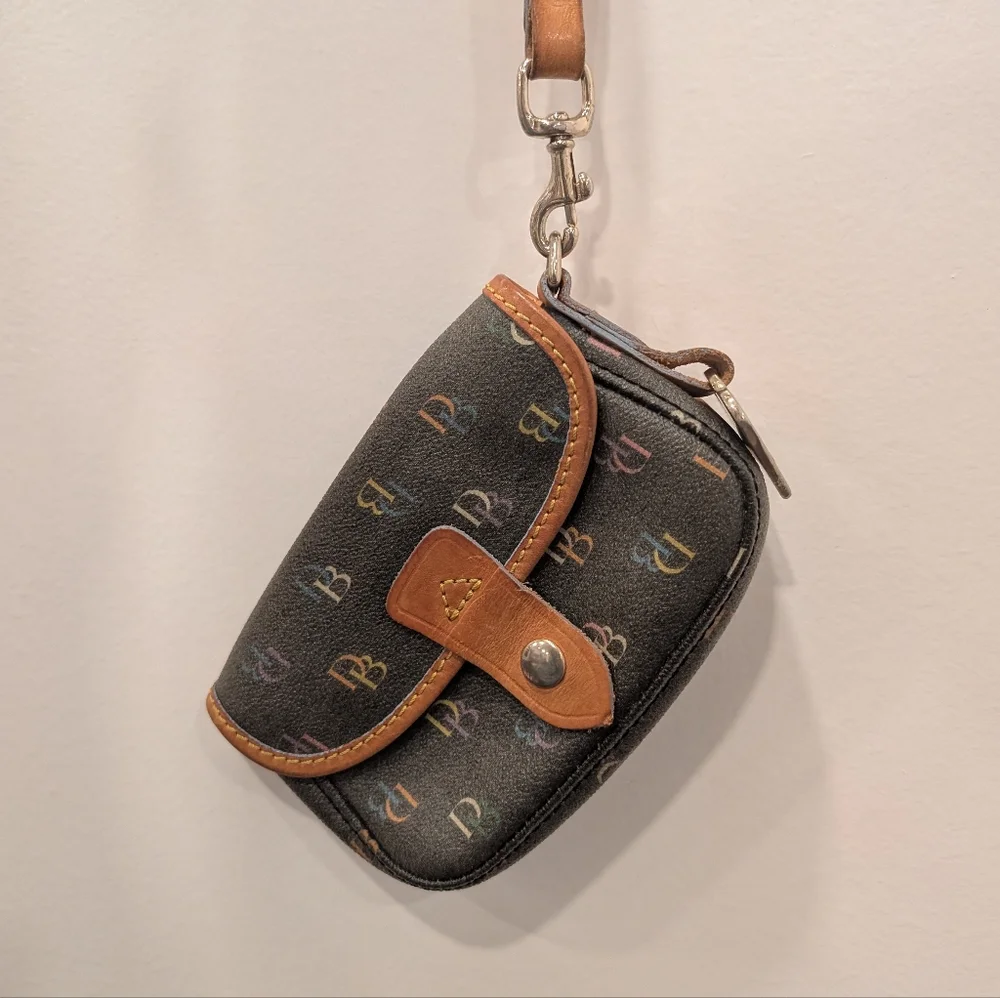 DOONEY & BOURKE Multicolor Monogram Wristlet Mini Bag with Brown Leather Strap